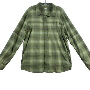 REI Fishing Shirt Men's Sz L Green Plaid Vented Roll Tab Sleeve Lightweight